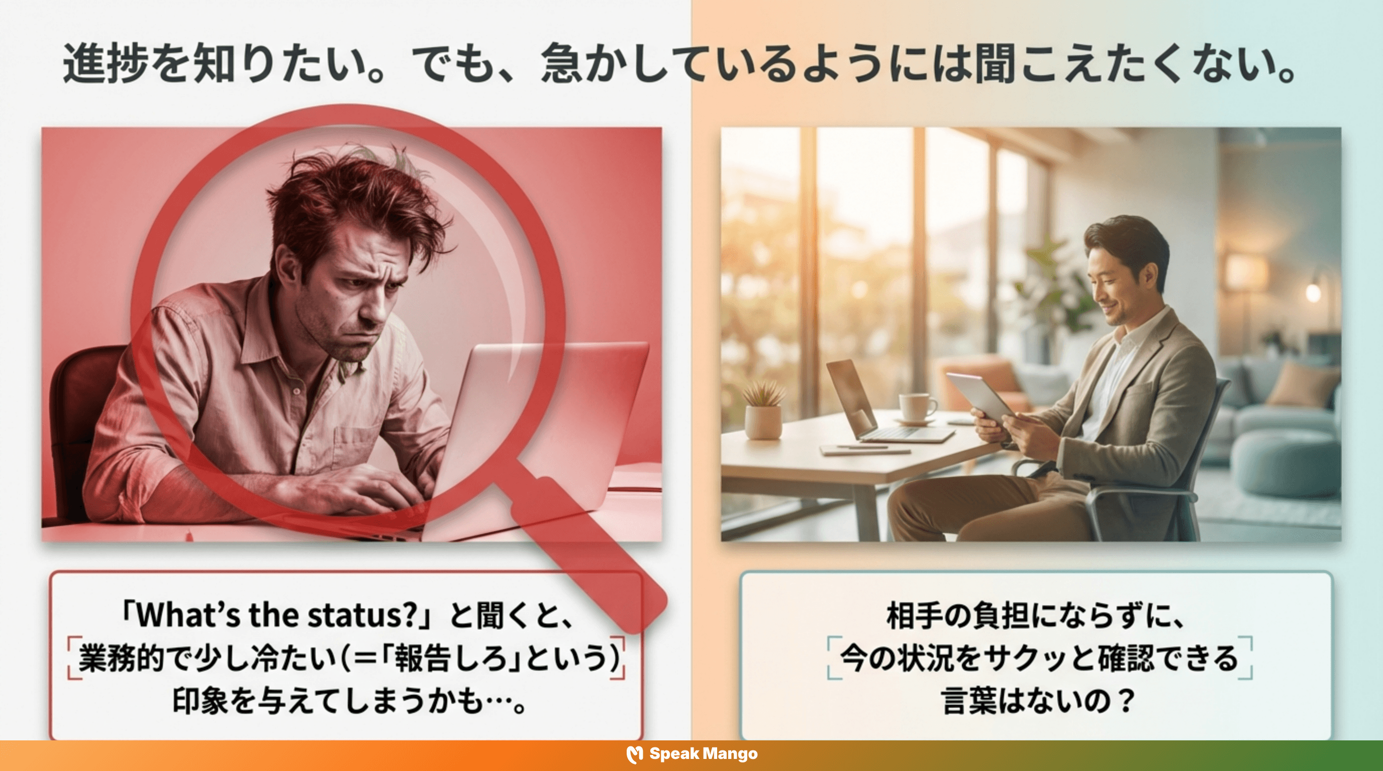 ストレスを与えない英語表現「How are things looking」の意味と使い方 - Slide 2
