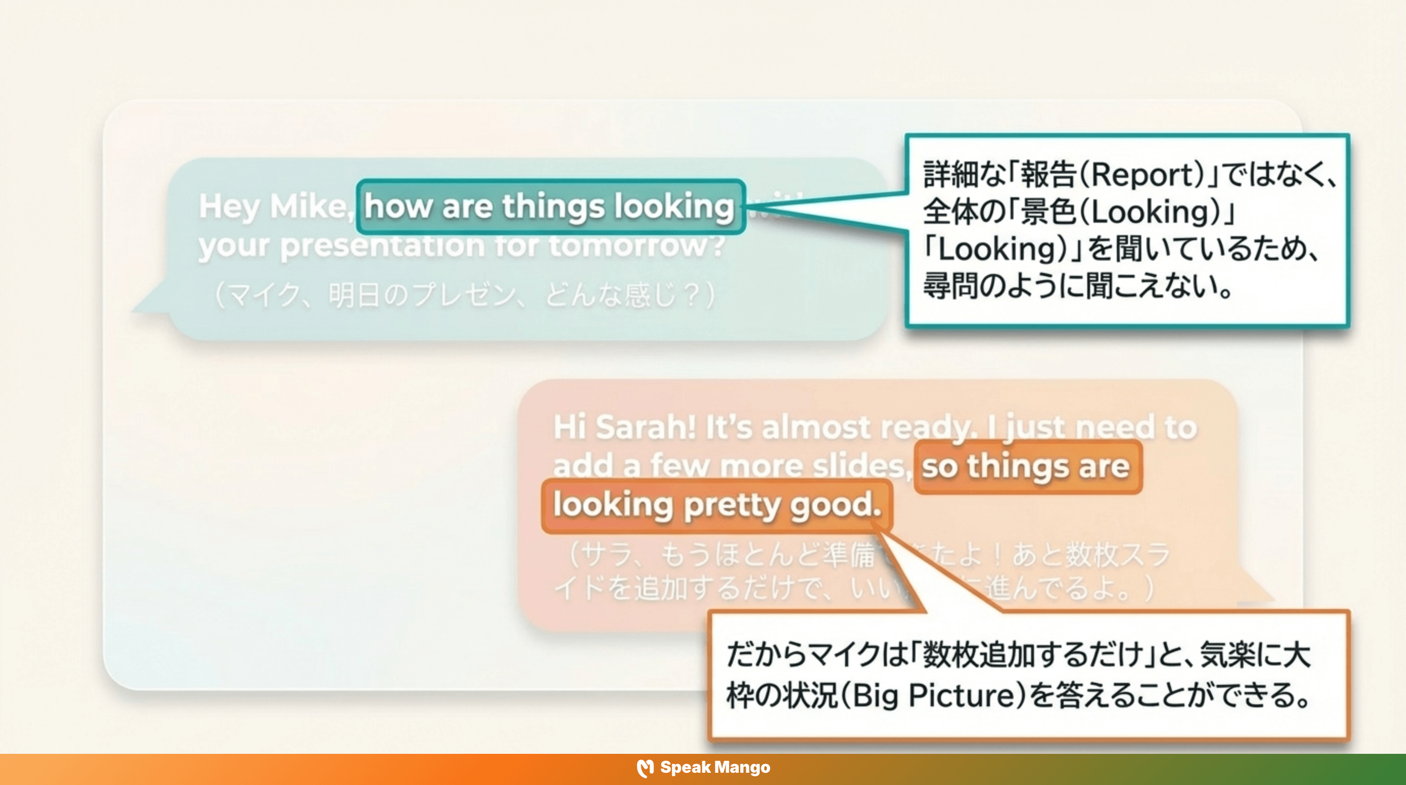 ストレスを与えない英語表現「How are things looking」の意味と使い方 - Slide 9