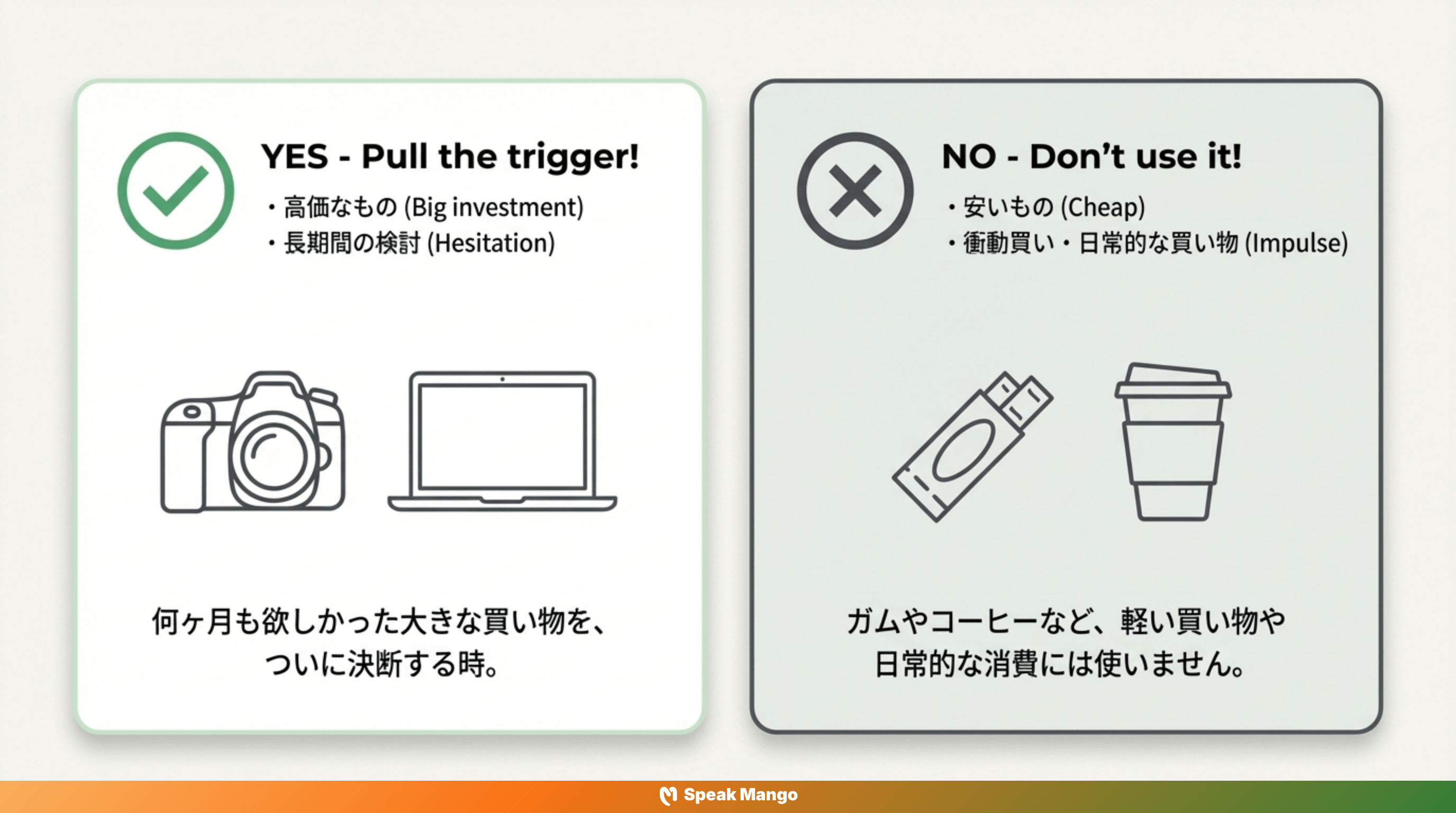 どんな購入にも躊躇することなく、決断力を出すための英語表現「to pull the trigger」の意味と使い方 - Slide 5