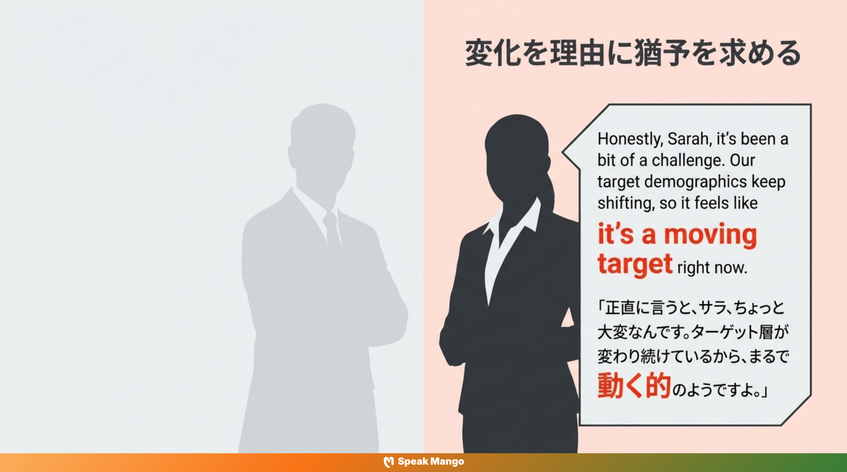 目標が動き続ける状況に立ち向かうための英語表現「It's a moving target」の意味と使い方 - Slide 8