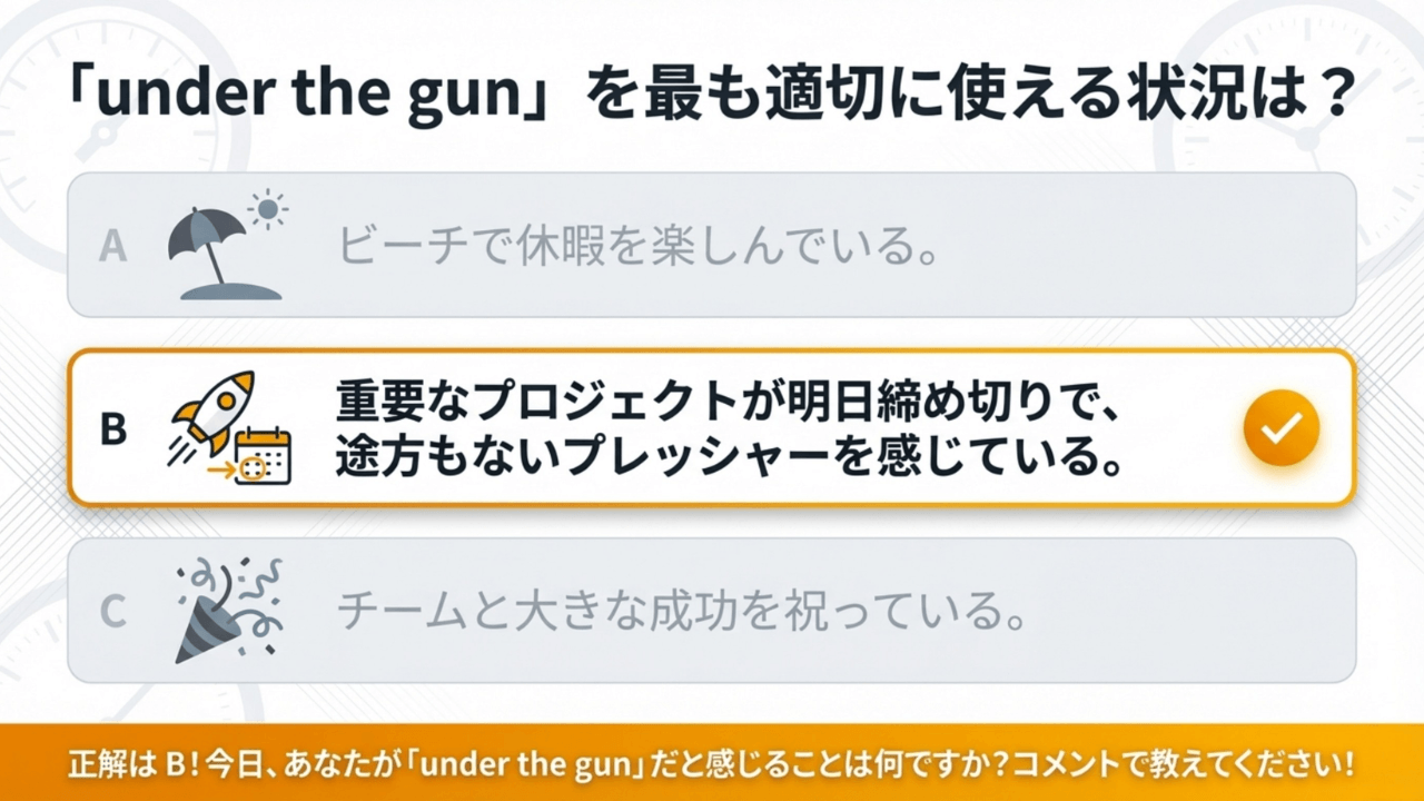 緊張感が高まる状況を表す英語表現「Under the gun」の意味と使い方 - Slide 6