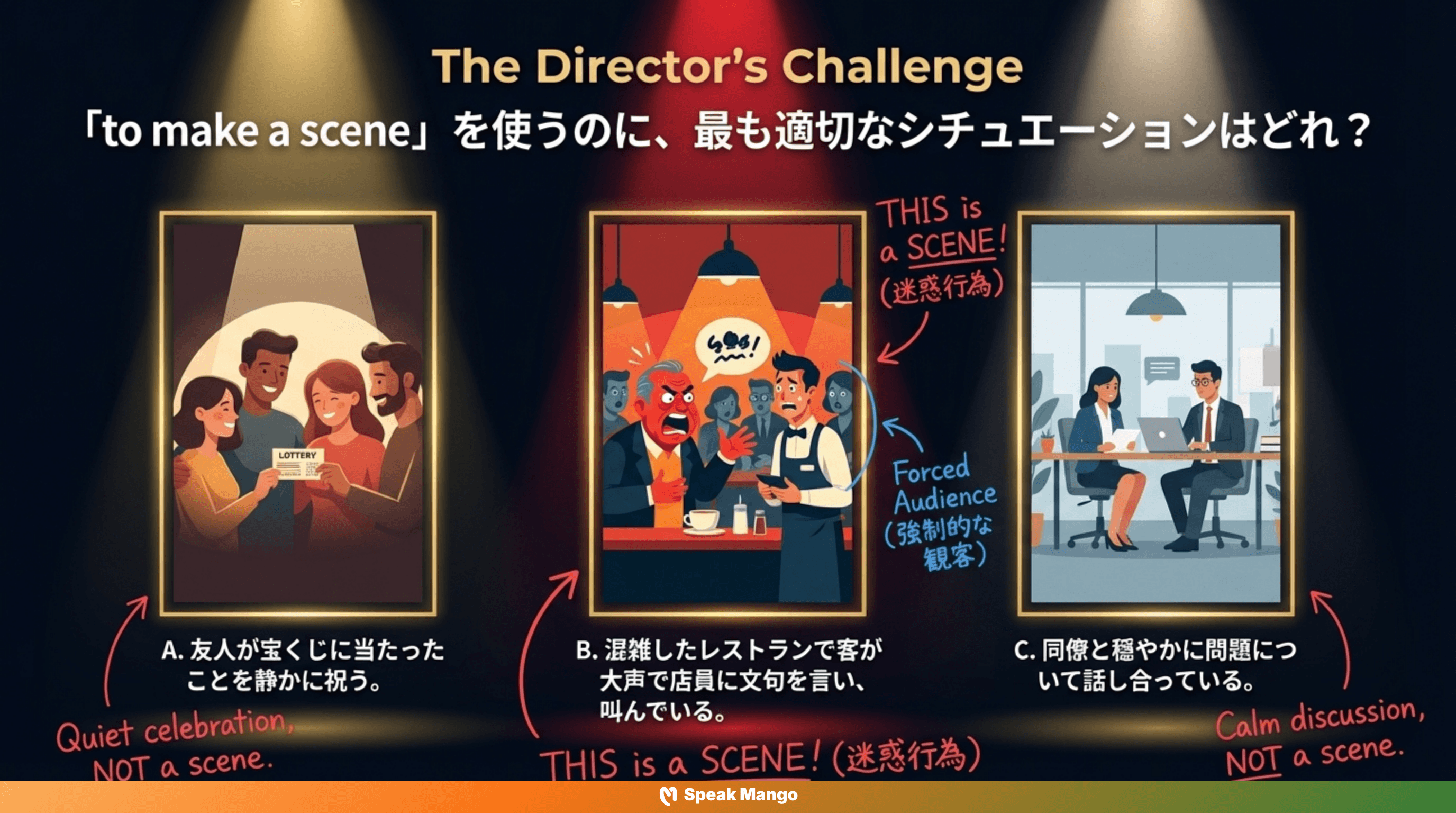 パブやレストランで大騒ぎしてしまう人のための英語表現「Make a scene」の意味と使い方 - Slide 11