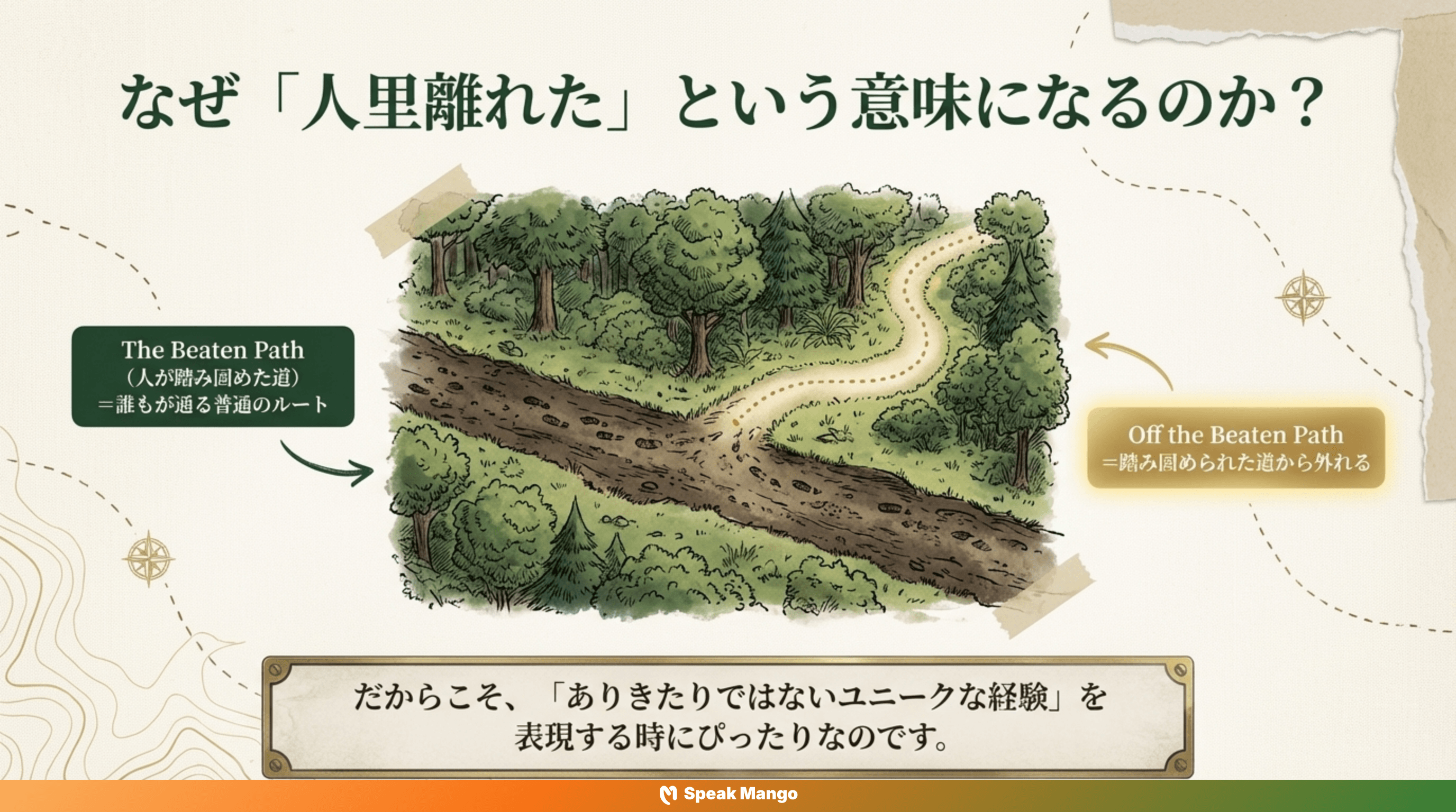 旅の自由を手に入れるための英語表現「Off the beaten path」の意味と使い方 - Slide 4