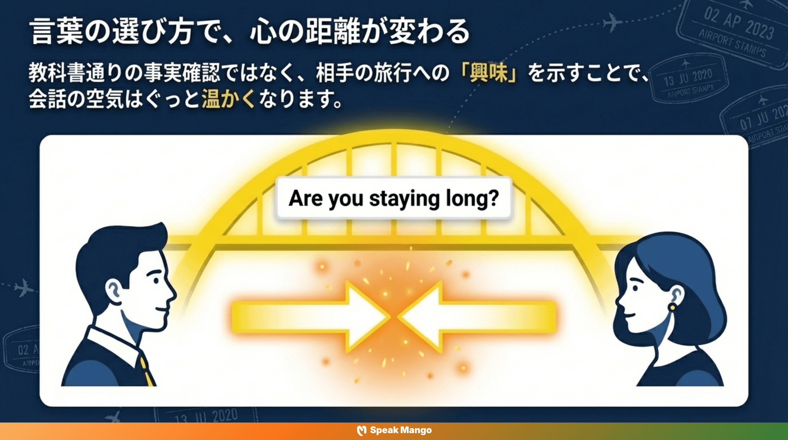 新しい出会いをスムーズに始めるための英語表現「Are you staying long?」の意味と使い方 - Slide 7