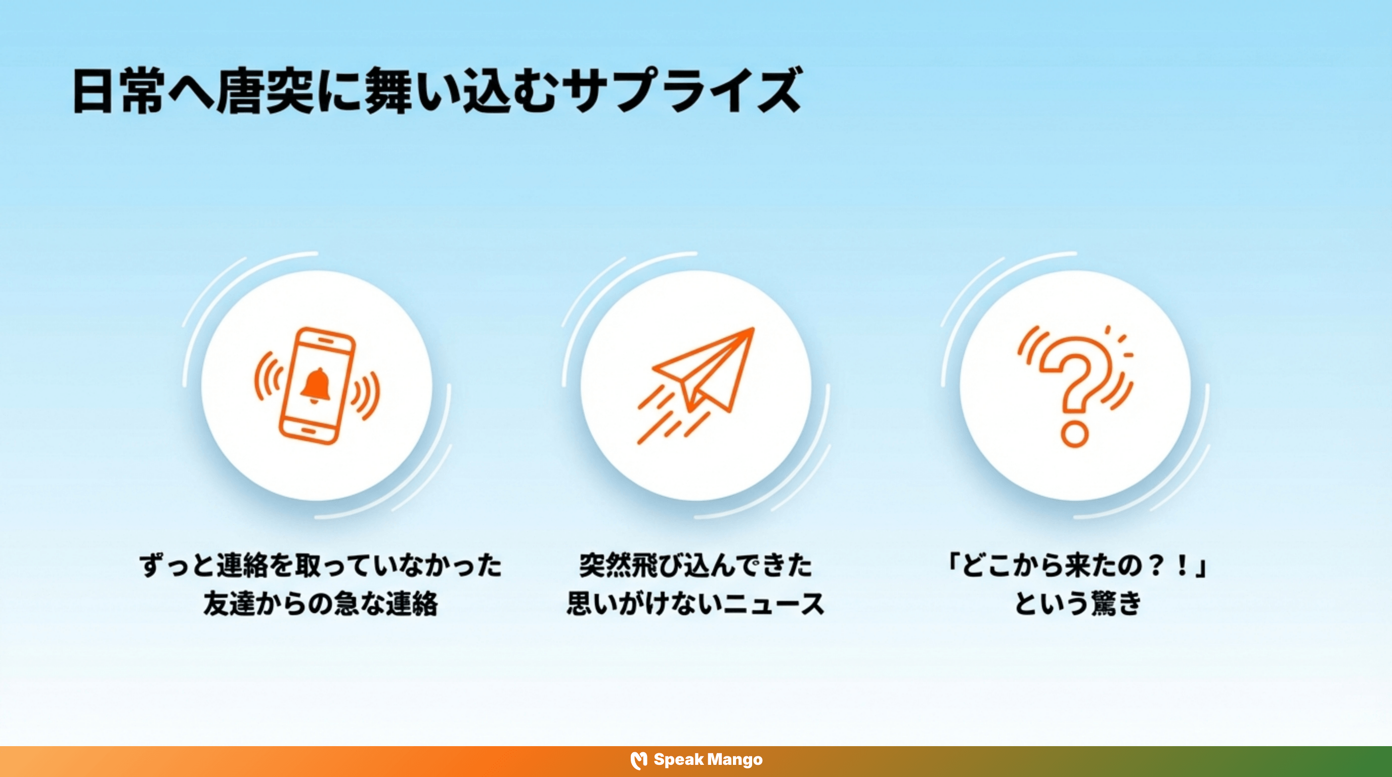予想外の出来事が起こったときに使える英語表現「Out of the blue」の意味と使い方 - Slide 2