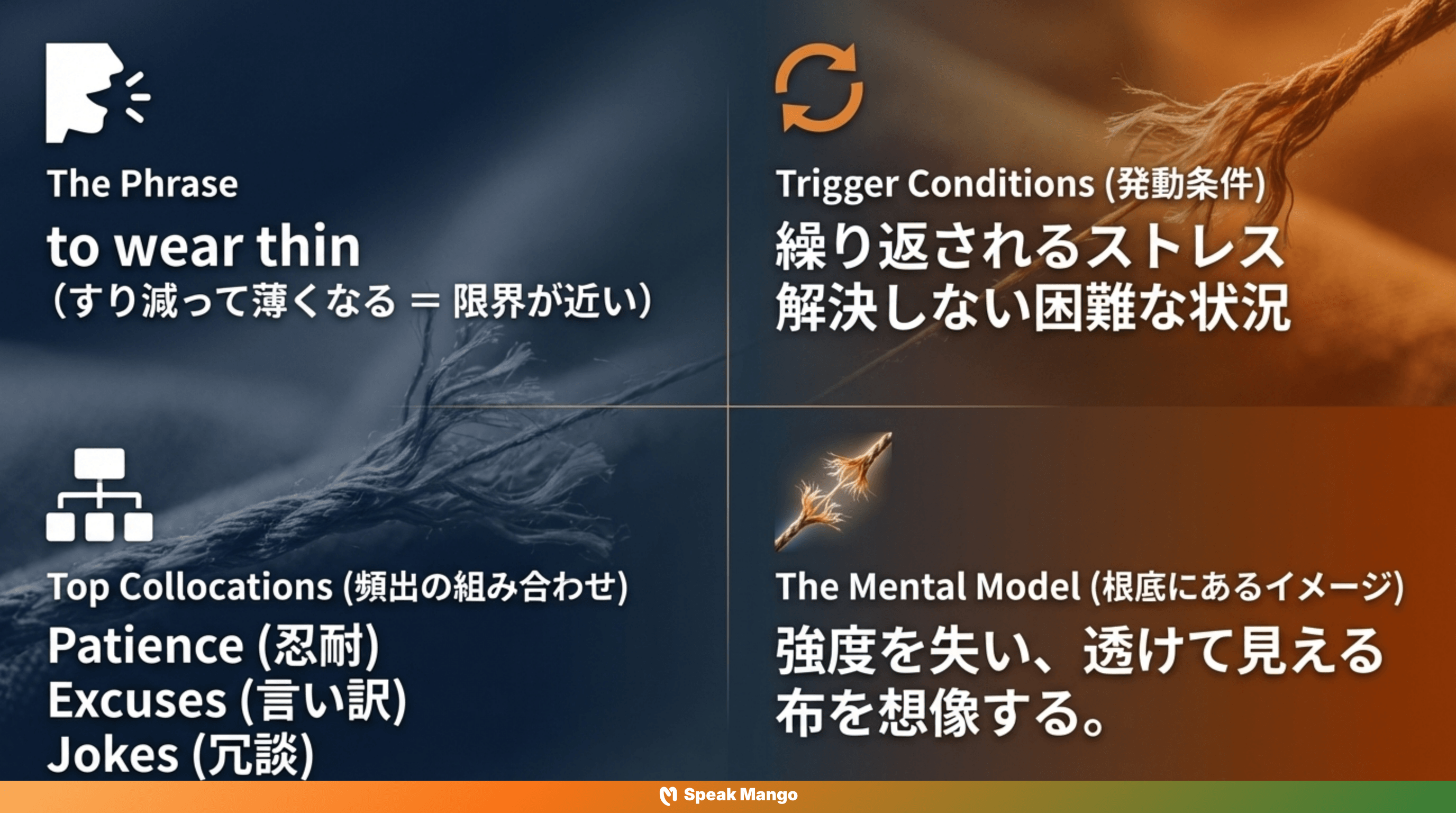 限界に近づく時の英語表現「wear thin」の意味と使い方 - Slide 7